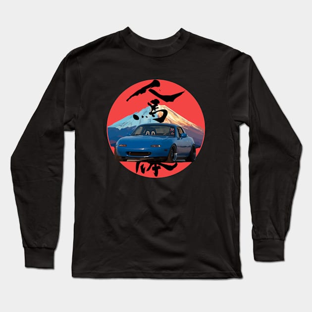 Blue Mazda Miata/MX-5 - Mount Fuji Jinba Ittai Roadster Life Long Sleeve T-Shirt by mudfleap